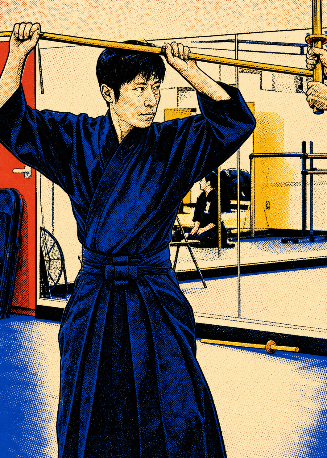 Pop comic treatment of Chris Yao practicing jōdō in Palo Alto