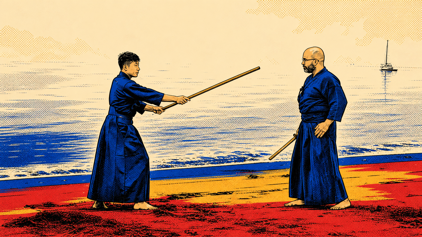 Pop comic treatment of two practitioners training Shintō Musō-ryū with jō and wooden sword on a beach near Seattle