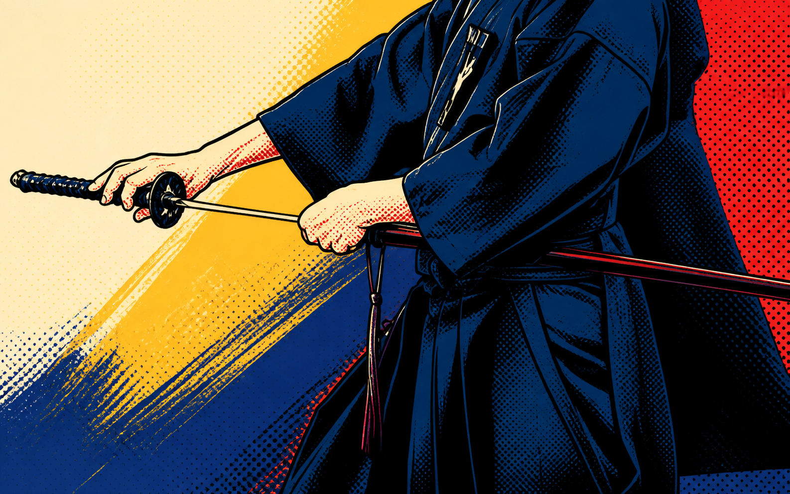 Pop comic treatment of iaidō practice with katana