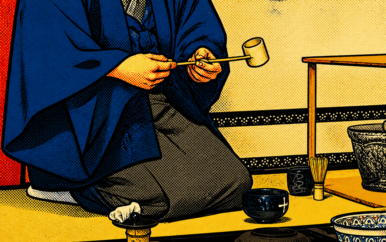Pop comic treatment of chanoyu practice with tea utensils